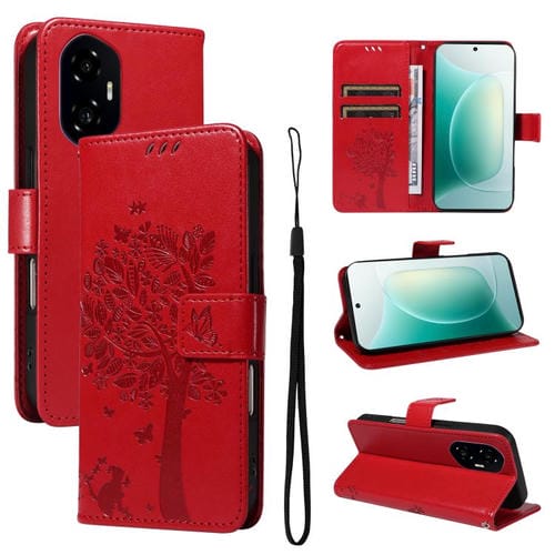 Funda de Cuero con Tapa para Honor 300 Diseño Árbol y Gato en Relieve (Rojo)