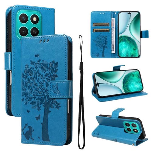Funda de Cuero con Tapa para Honor X8C 4G Global con Estampado de Árbol y Gato (Azul)