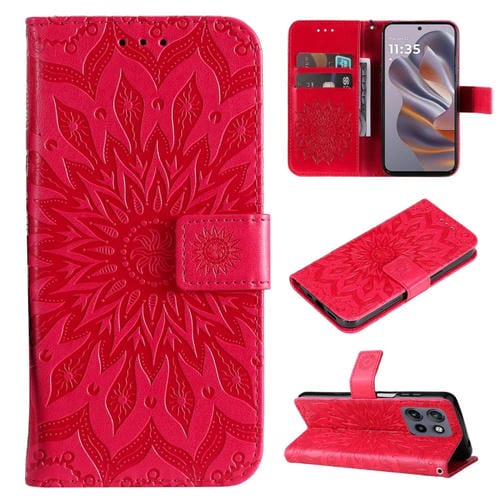 Funda de Cuero con Tapa y Estampado Girasoles en Relieve para Motorola Edge 50 Neo (Rojo)