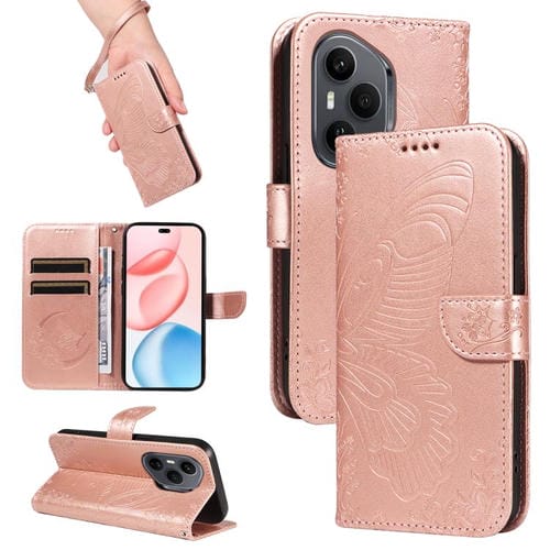 Funda de cuero con relieve de mariposa para Honor 400 Pro Global (160,8 mm) (oro rosa)