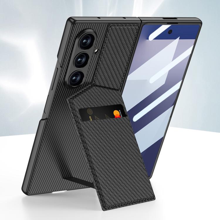 Funda para Samsung Galaxy Z Fold7 5G GKK con soporte de rotor integrado y ranura para tarjeta empotrada (textura de fibra de carbono)