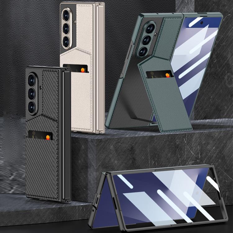 Funda para Samsung Galaxy Z Fold7 5G GKK con soporte de rotor integrado y ranura para tarjeta empotrada (textura de fibra de carbono)