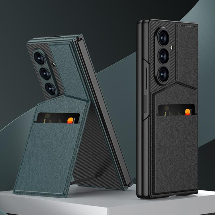 Funda para Samsung Galaxy Z Fold7 5G GKK con soporte de rotor integrado y ranura para tarjeta empotrada (textura de fibra de carbono)