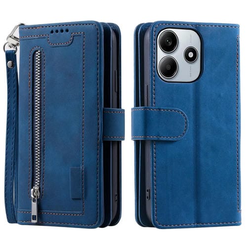 Funda de Cuero con Cremallera y Cordón para Xiaomi Redmi Note 14 5G, con Nueve Tarjetas (Azul)