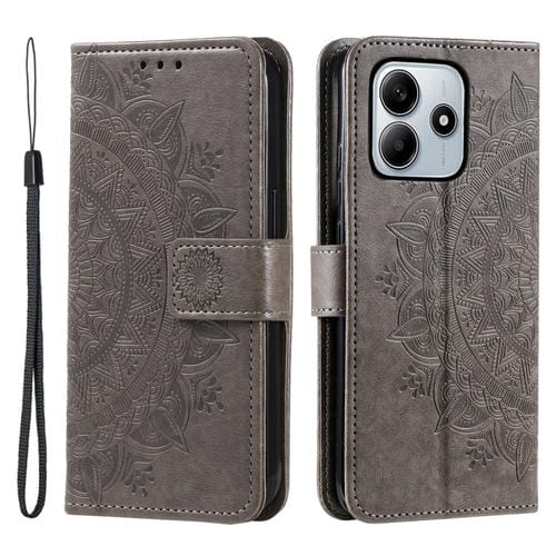 Funda de Cuero con Relieve de Flores y Tótem para Xiaomi Redmi Note 14 5G con Cordón (Gris)
