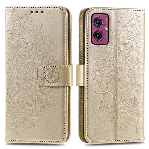 Funda de Cuero con Relieve Flor de Tótem para Motorola Moto G55 con Cordón (Dorado)