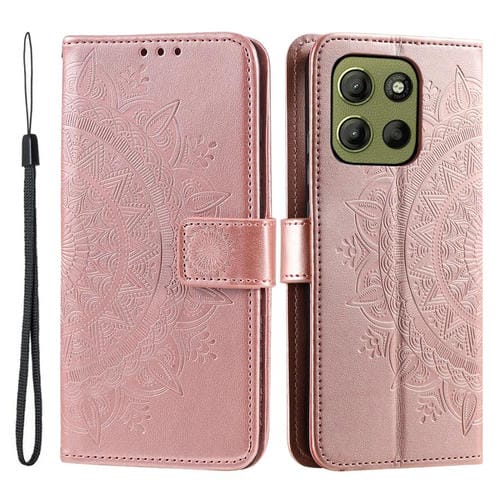 Funda de Cuero con Relieve de Flores para Motorola Moto G15 con Cordón (Oro Rosa)