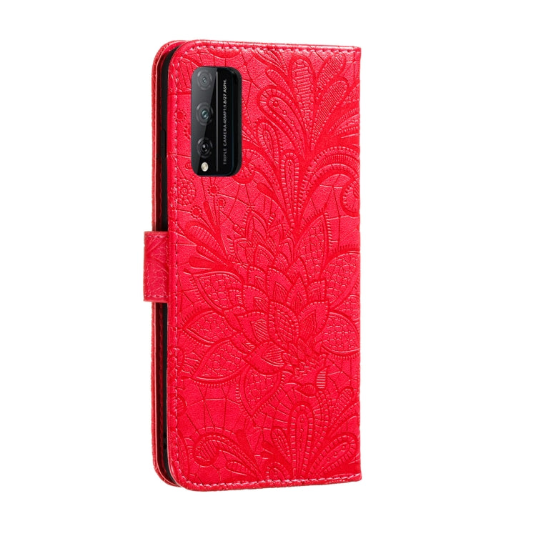Para Huawei Honor Play 4T Pro Lace Flower Funda de cuero con tapa horizontal con soporte y ranuras para tarjetas, billetera y marco de fotos (rojo)