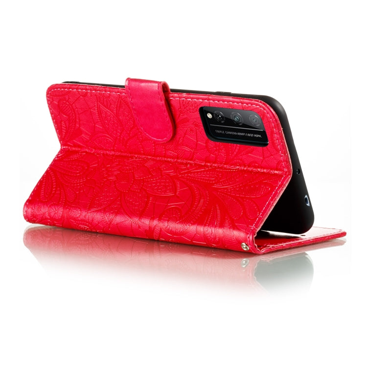Para Huawei Honor Play 4T Pro Lace Flower Funda de cuero con tapa horizontal con soporte y ranuras para tarjetas, billetera y marco de fotos (rojo)