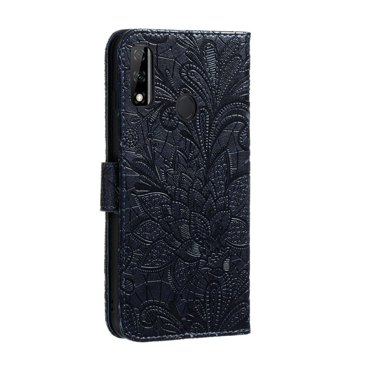 Para Huawei Honor Y8s Lace Flower Funda de cuero con tapa horizontal con soporte y ranuras para tarjetas y billetera y marco de fotos (azul oscuro)