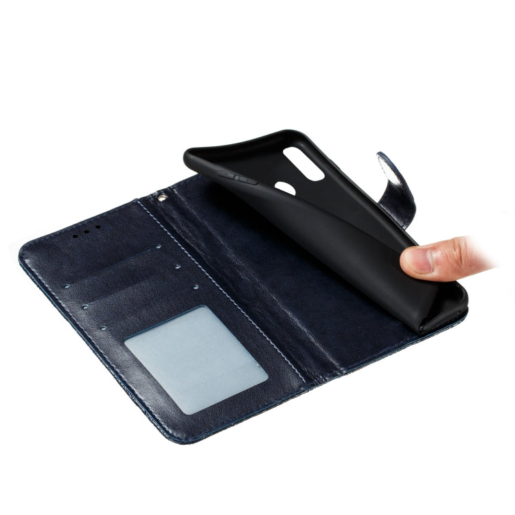 Para Huawei Honor Y8s Lace Flower Funda de cuero con tapa horizontal con soporte y ranuras para tarjetas y billetera y marco de fotos (azul oscuro)