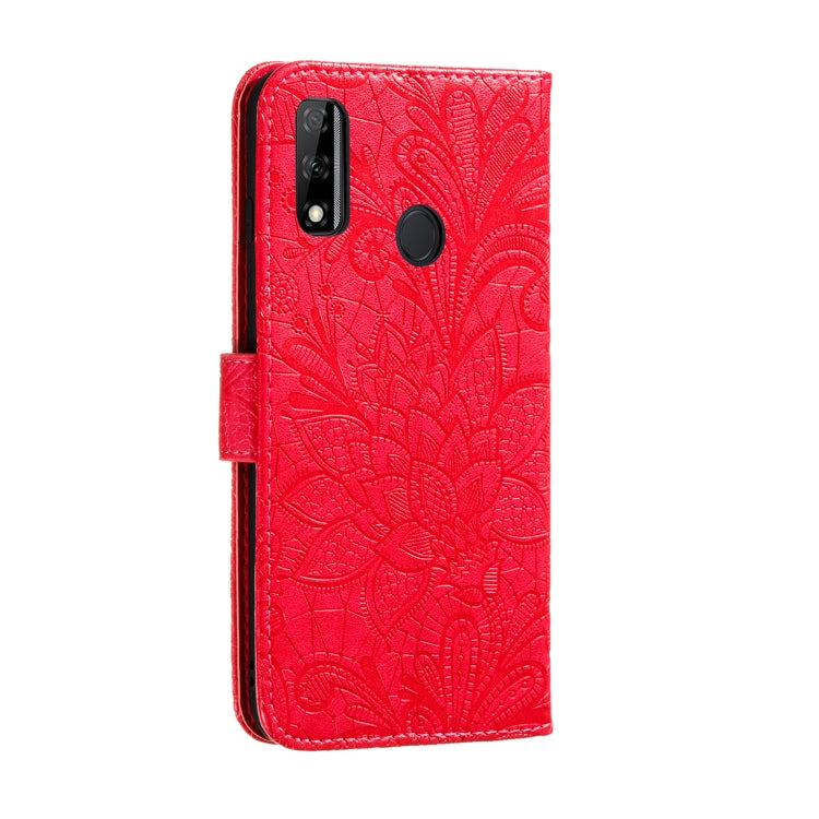 Para Huawei Honor Y8s Lace Flower Funda de cuero con tapa horizontal con soporte y ranuras para tarjetas, billetera y marco de fotos (rojo)