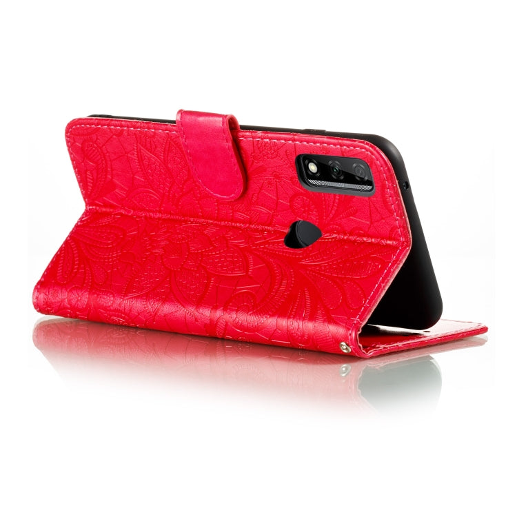 Para Huawei Honor Y8s Lace Flower Funda de cuero con tapa horizontal con soporte y ranuras para tarjetas, billetera y marco de fotos (rojo)