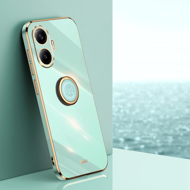 Funda de TPU con borde recto 6D galvanizado y soporte para anillo para Redmi Turbo 4 Pro (verde menta)