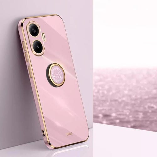 Funda de TPU con borde recto 6D galvanizado y soporte para anillo para Redmi Turbo 4 Pro (morado cereza)