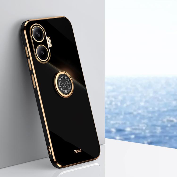 Funda de TPU con borde recto 6D galvanizado y soporte para anillo para Redmi Turbo 4 Pro XINLI (negra)