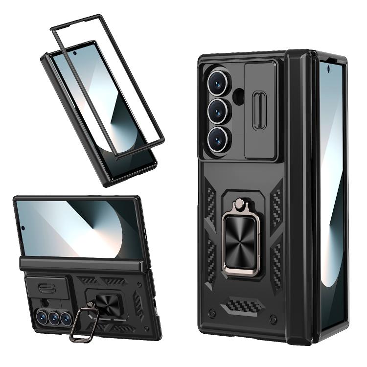 Funda con bisagra y ventana deslizante para Samsung Galaxy Z Fold7 5G con soporte de anillo (negra)