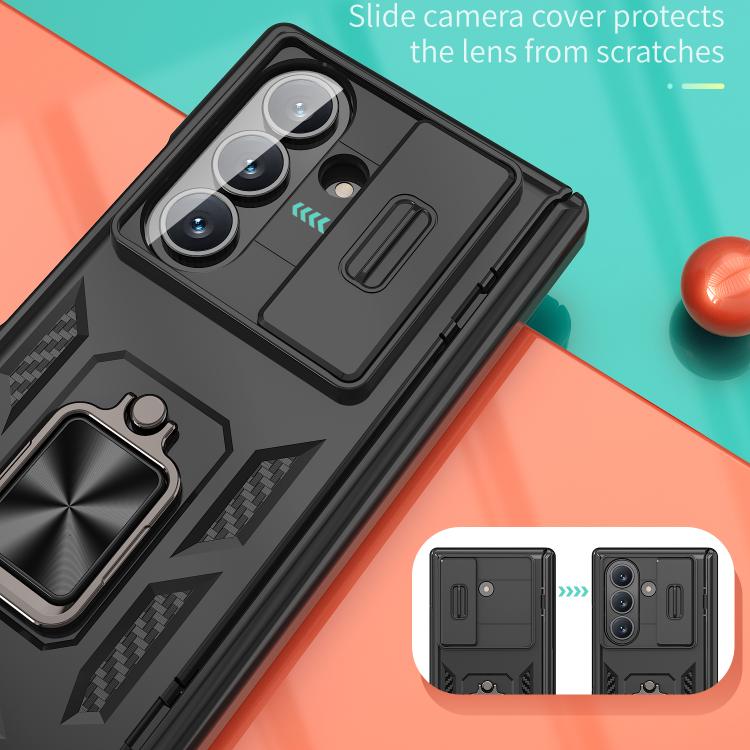 Funda con bisagra y ventana deslizante para Samsung Galaxy Z Fold7 5G con soporte de anillo (negra)