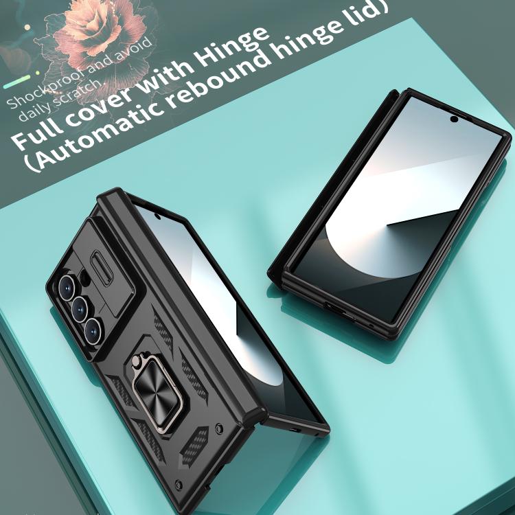 Funda con bisagra y ventana deslizante para Samsung Galaxy Z Fold7 5G con soporte de anillo (negra)