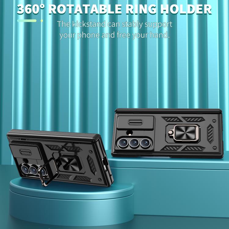 Funda con bisagra y ventana deslizante para Samsung Galaxy Z Fold7 5G con soporte de anillo (negra)