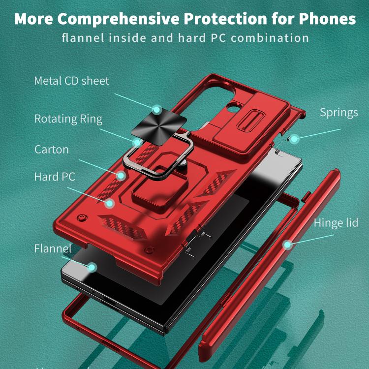 Funda con bisagra y ventana deslizante para Samsung Galaxy Z Fold7 5G con soporte de anillo (roja)