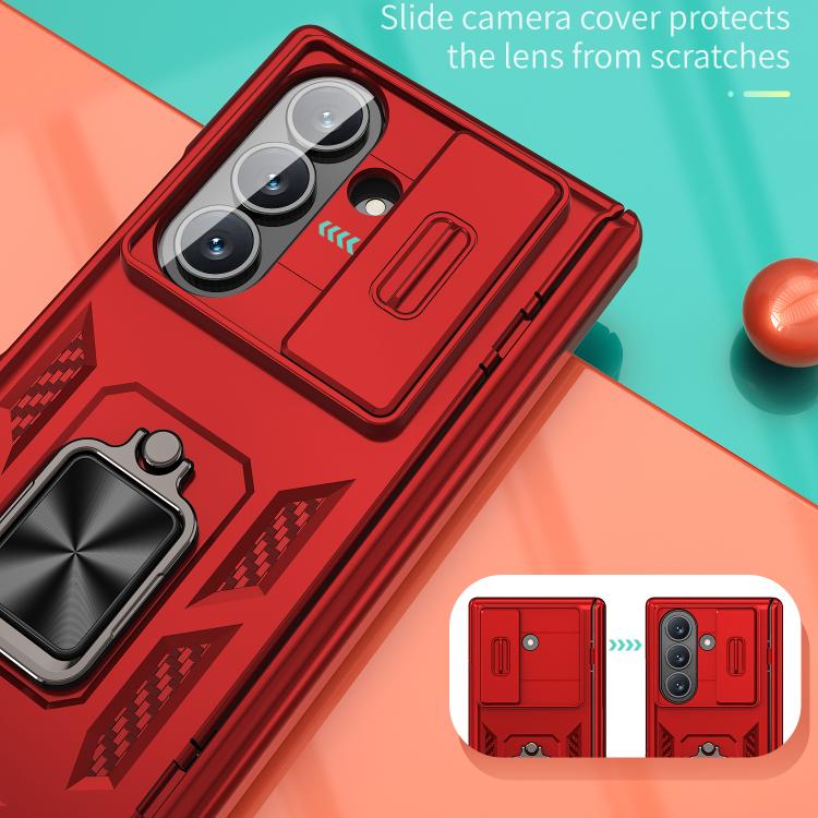 Funda con bisagra y ventana deslizante para Samsung Galaxy Z Fold7 5G con soporte de anillo (roja)