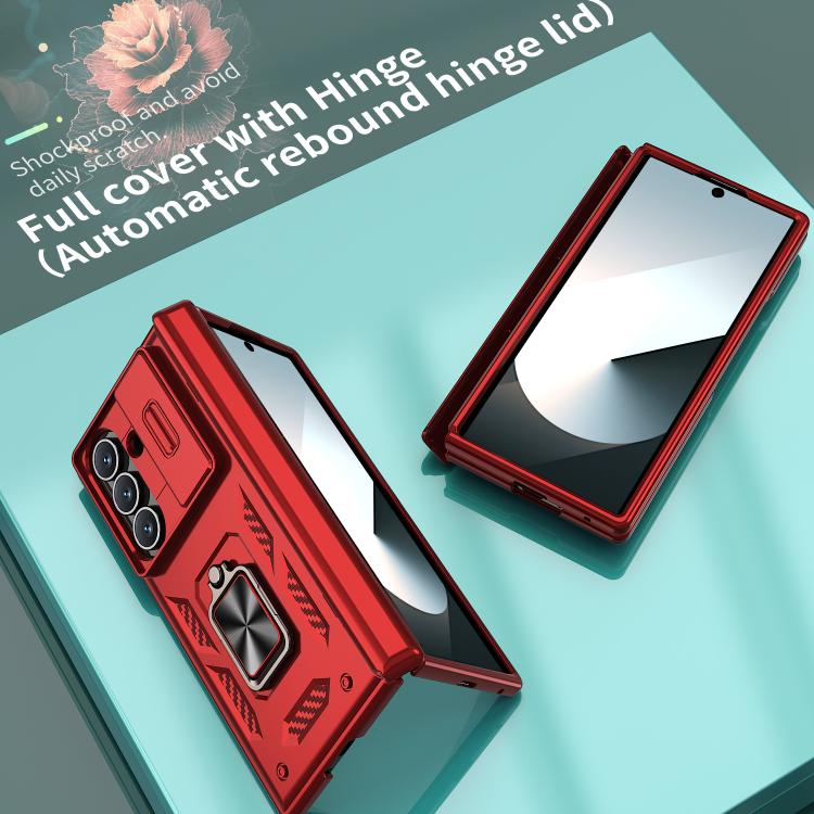 Funda con bisagra y ventana deslizante para Samsung Galaxy Z Fold7 5G con soporte de anillo (roja)