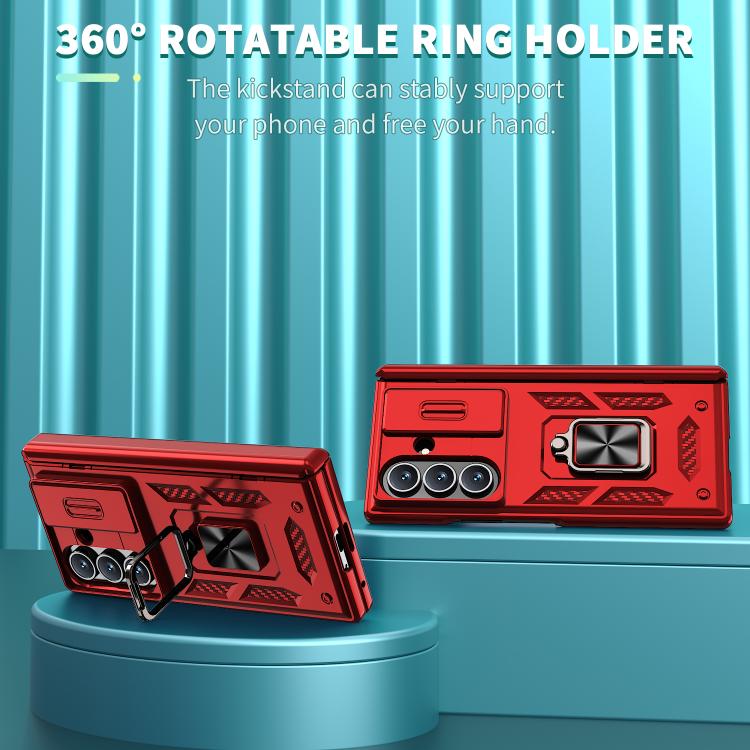 Funda con bisagra y ventana deslizante para Samsung Galaxy Z Fold7 5G con soporte de anillo (roja)