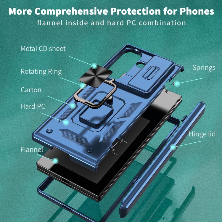 Funda con bisagra y ventana deslizante para Samsung Galaxy Z Fold7 5G con soporte de anillo (azul)