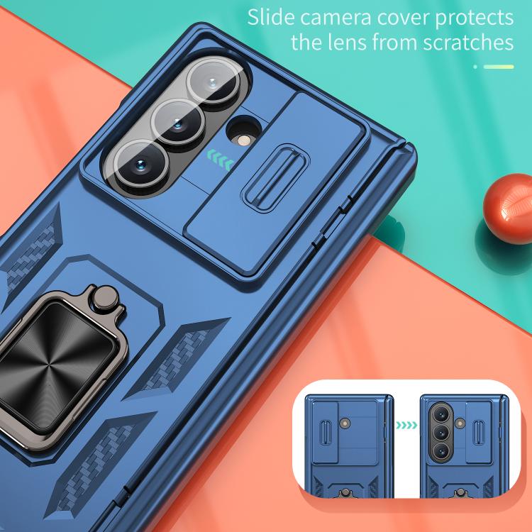 Funda con bisagra y ventana deslizante para Samsung Galaxy Z Fold7 5G con soporte de anillo (azul)
