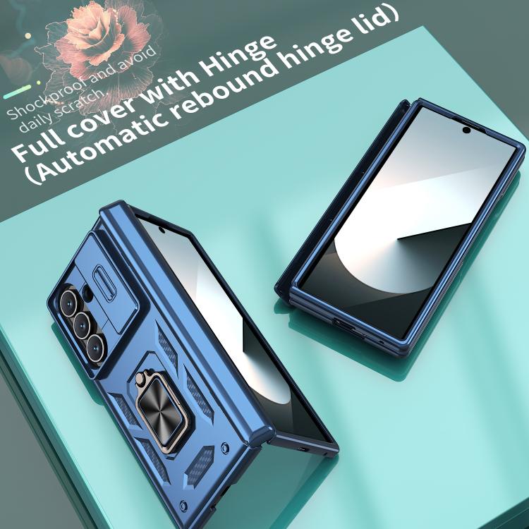 Funda con bisagra y ventana deslizante para Samsung Galaxy Z Fold7 5G con soporte de anillo (azul)