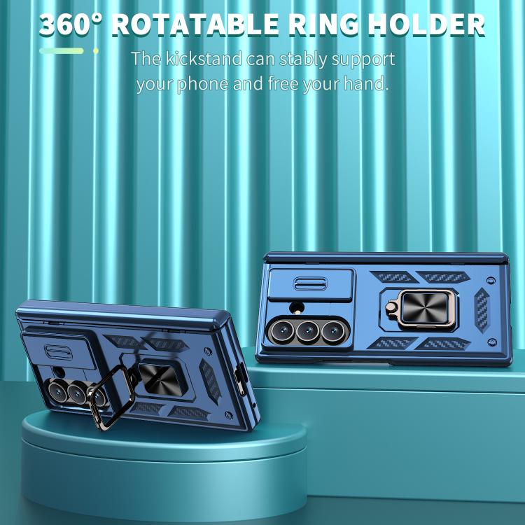 Funda con bisagra y ventana deslizante para Samsung Galaxy Z Fold7 5G con soporte de anillo (azul)