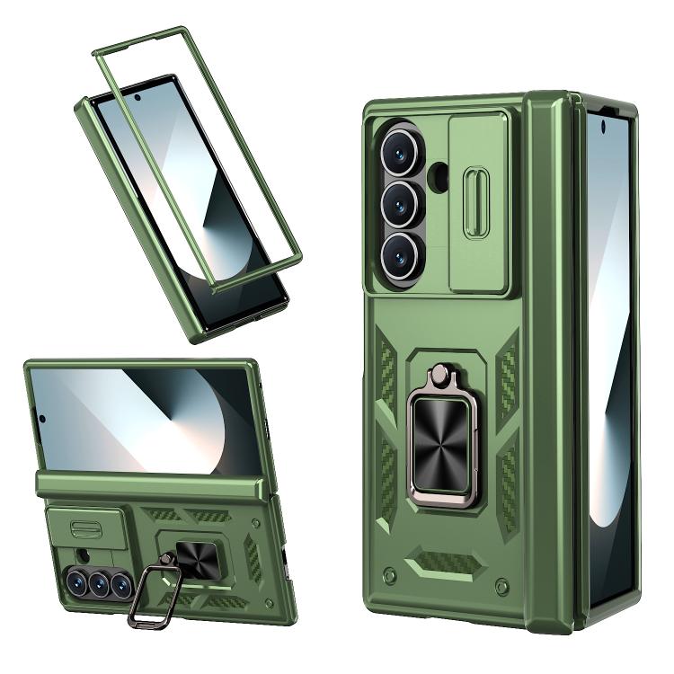 Funda con bisagra y ventana deslizante para Samsung Galaxy Z Fold7 5G con soporte de anillo (verde)