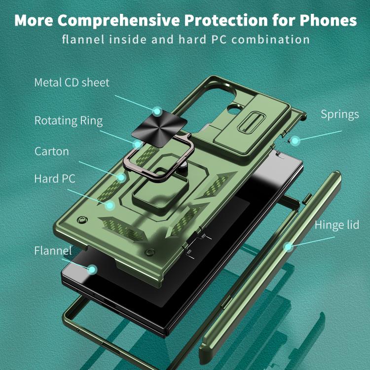 Funda con bisagra y ventana deslizante para Samsung Galaxy Z Fold7 5G con soporte de anillo (verde)
