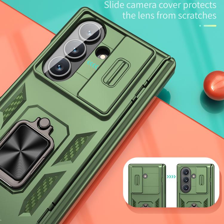 Funda con bisagra y ventana deslizante para Samsung Galaxy Z Fold7 5G con soporte de anillo (verde)
