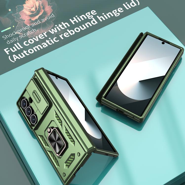 Funda con bisagra y ventana deslizante para Samsung Galaxy Z Fold7 5G con soporte de anillo (verde)