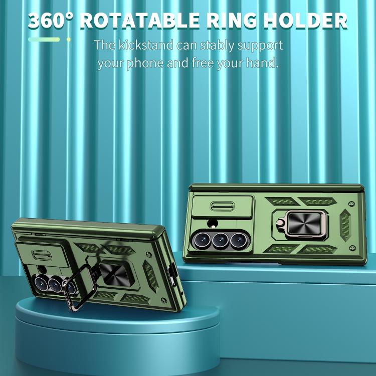 Funda con bisagra y ventana deslizante para Samsung Galaxy Z Fold7 5G con soporte de anillo (verde)