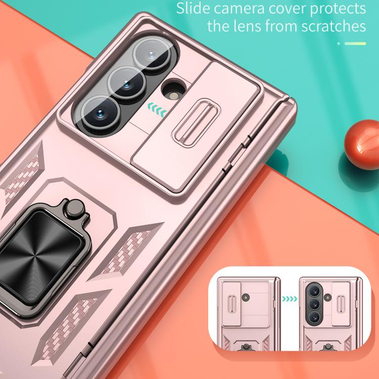 Funda con bisagra y ventana deslizante para Samsung Galaxy Z Fold7 5G con soporte de aro (oro rosa)