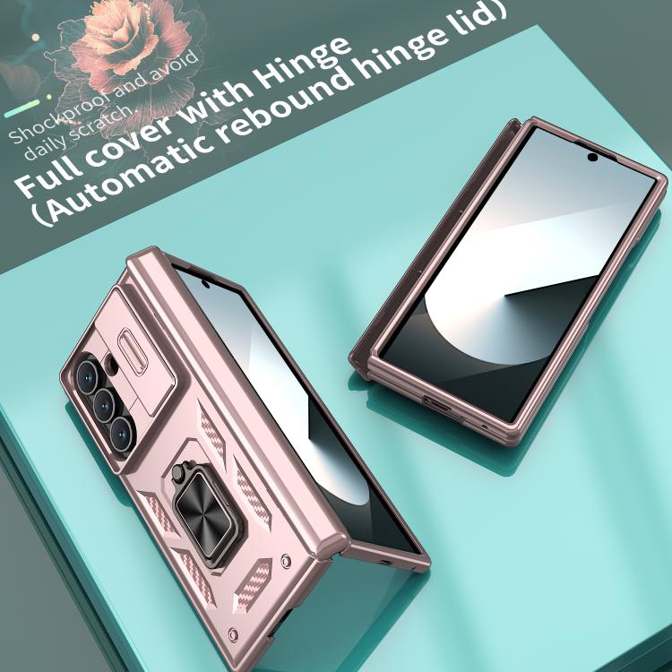 Funda con bisagra y ventana deslizante para Samsung Galaxy Z Fold7 5G con soporte de aro (oro rosa)