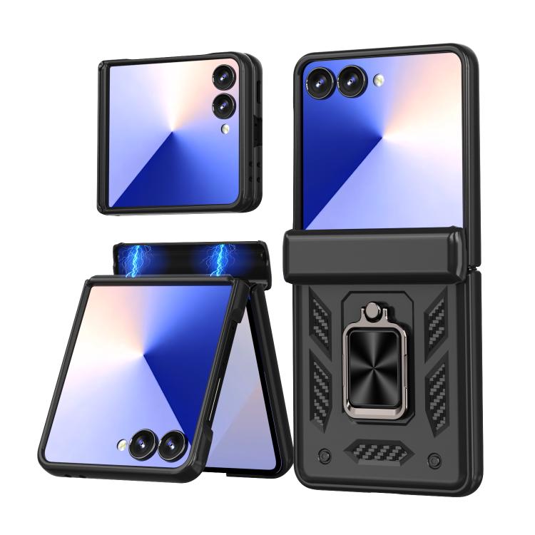 Funda con bisagra y ventana deslizante para Samsung Galaxy Z Flip7 5G con soporte de aro (negra)