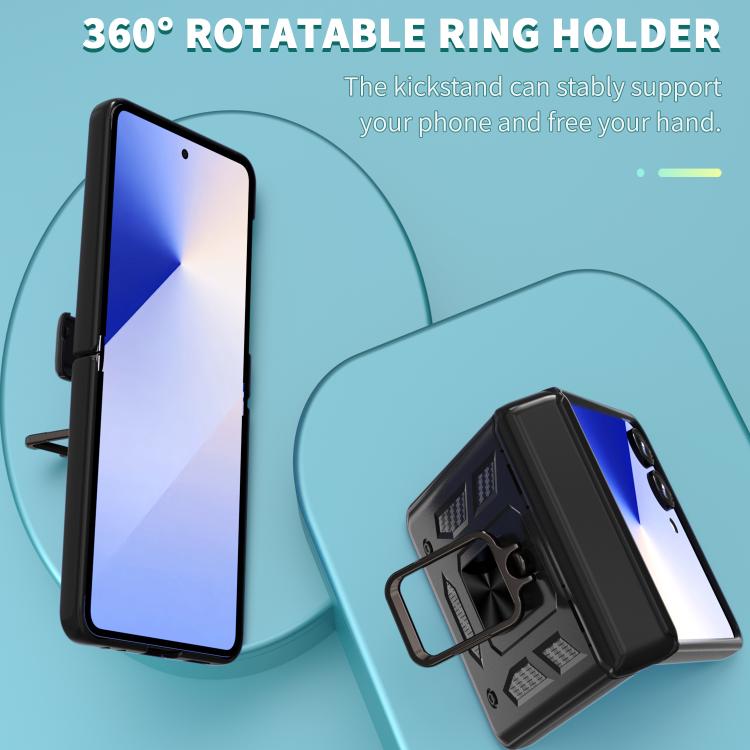 Funda con bisagra y ventana deslizante para Samsung Galaxy Z Flip7 5G con soporte de aro (negra)
