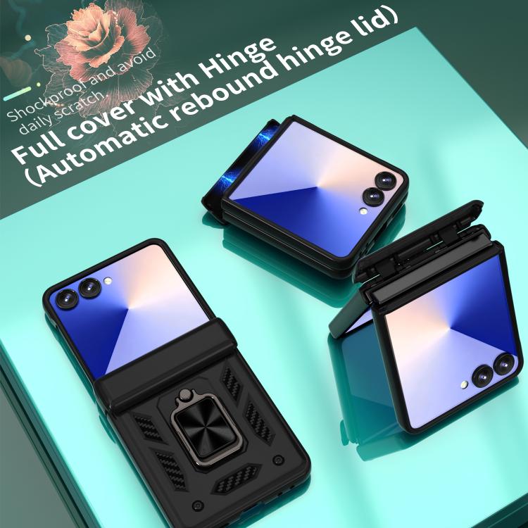 Funda con bisagra y ventana deslizante para Samsung Galaxy Z Flip7 5G con soporte de aro (negra)