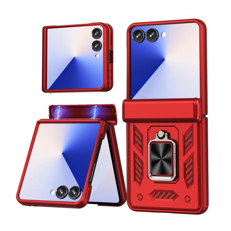 Funda con bisagra y ventana deslizante para Samsung Galaxy Z Flip7 5G con soporte de anillo (roja)