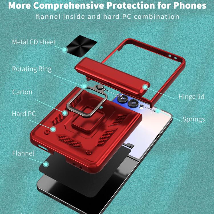 Funda con bisagra y ventana deslizante para Samsung Galaxy Z Flip7 5G con soporte de anillo (roja)