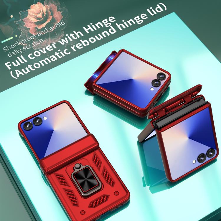 Funda con bisagra y ventana deslizante para Samsung Galaxy Z Flip7 5G con soporte de anillo (roja)