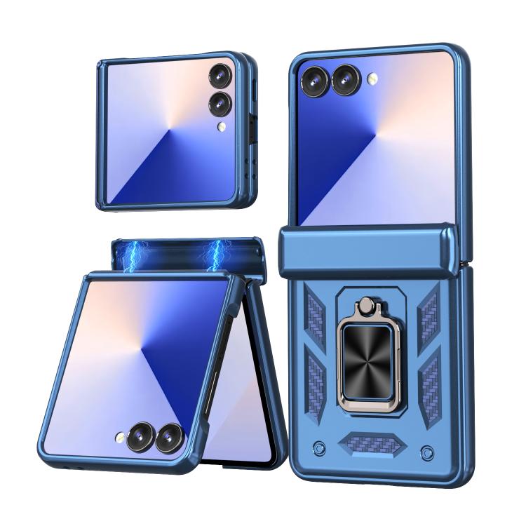 Funda con bisagra y ventana deslizante para Samsung Galaxy Z Flip7 5G con soporte de anillo (azul)