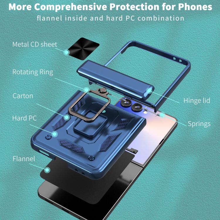 Funda con bisagra y ventana deslizante para Samsung Galaxy Z Flip7 5G con soporte de anillo (azul)