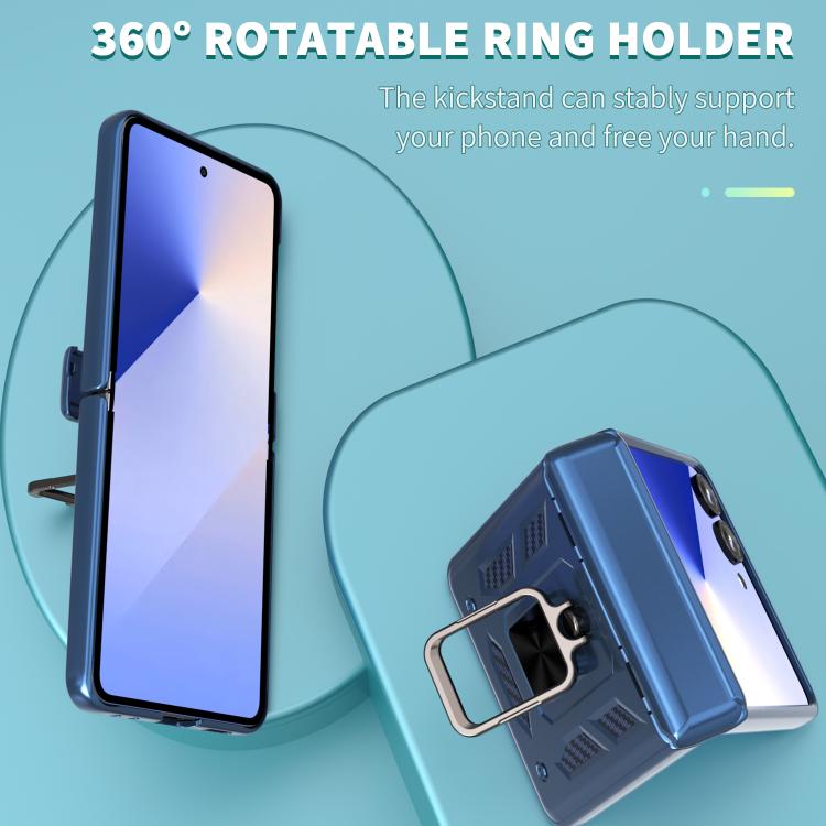 Funda con bisagra y ventana deslizante para Samsung Galaxy Z Flip7 5G con soporte de anillo (azul)
