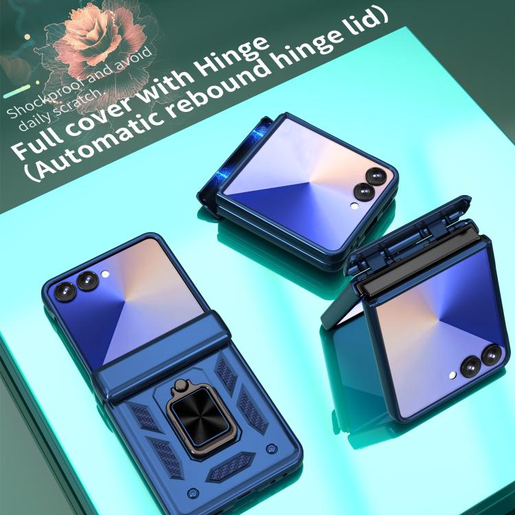 Funda con bisagra y ventana deslizante para Samsung Galaxy Z Flip7 5G con soporte de anillo (azul)