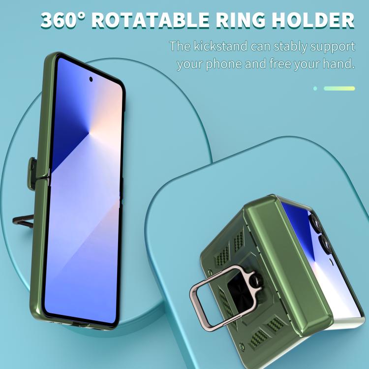 Funda con bisagra y ventana deslizante para Samsung Galaxy Z Flip7 5G con soporte de aro (verde)